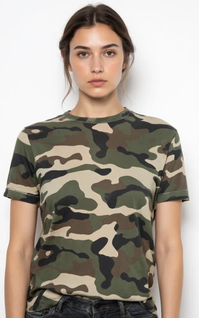 A French model wearing a Camouflage pattern   printed shirt, against a white background, in a front   facing bust portrait